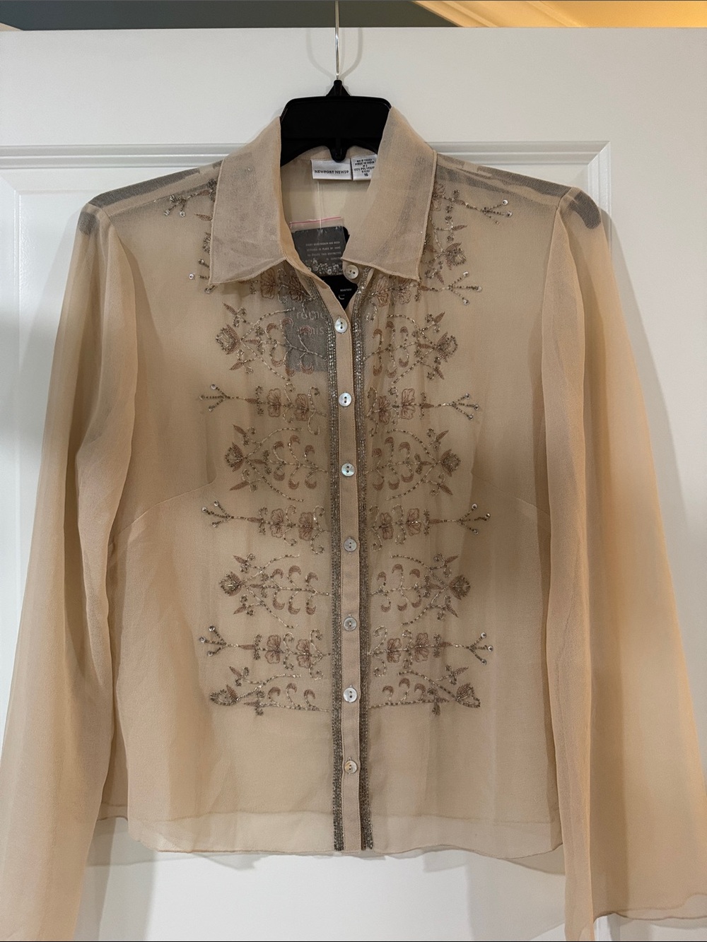Newport News Sheer Beaded Beige Blouse